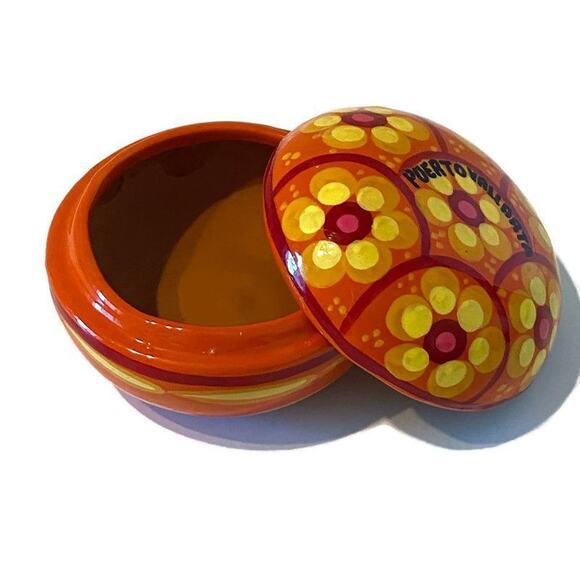 Mexican Redware Pottery Powder Box Signed Puerto Vallarta Trinket Orange Flowers - Picture 1 of 9
